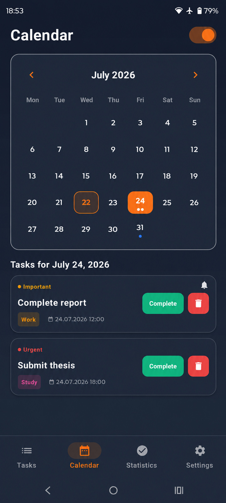 Task calendar in dark theme