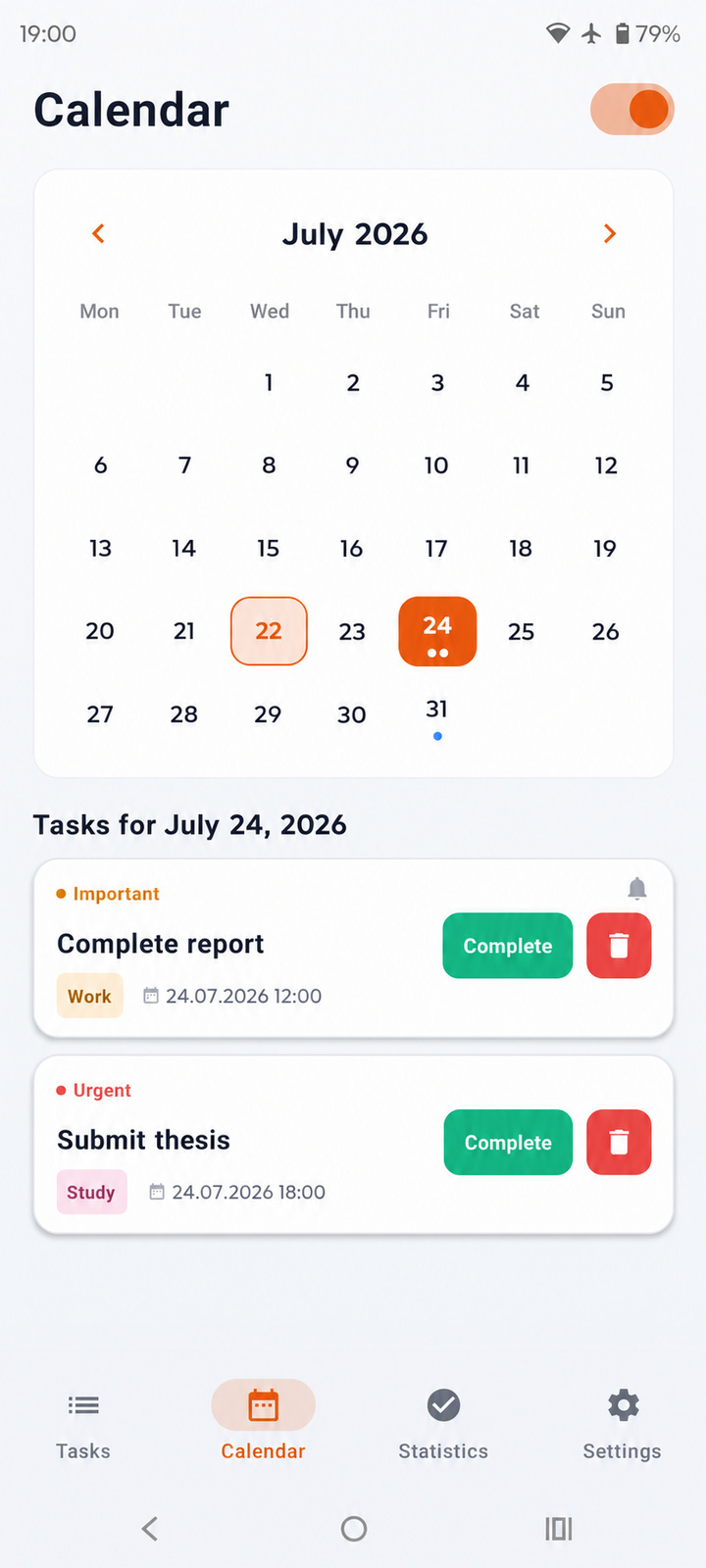 Task calendar in light theme