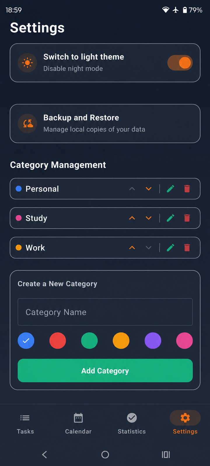 App settings in dark theme
