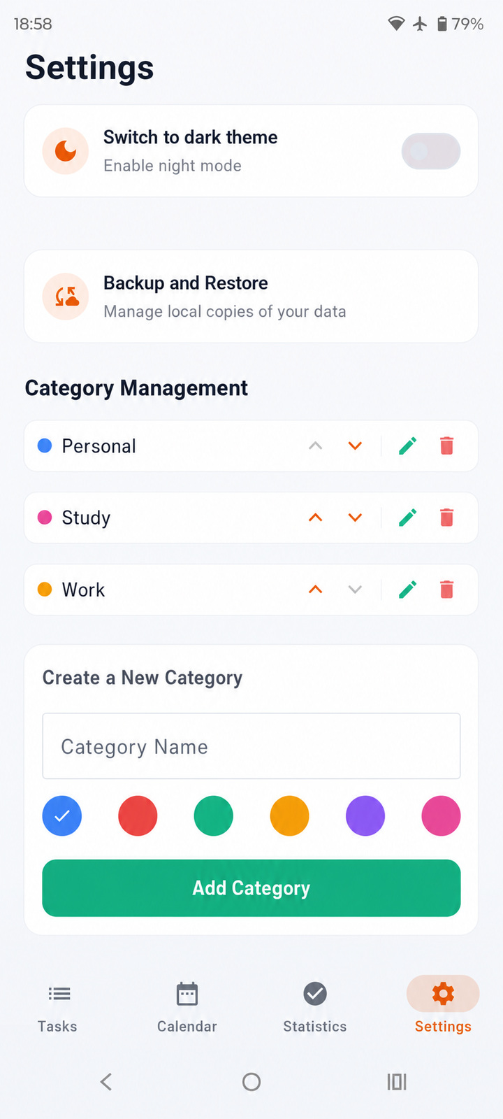 App settings in light theme